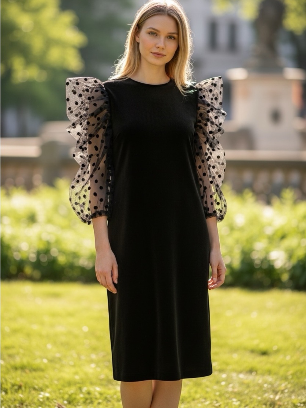 Julie Jordan Black Velvet, Polka Dot Sheer Sleeves Shift Dress Women's 12 NWT